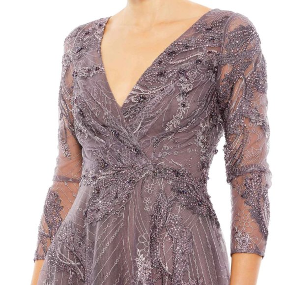 MAC DUGGAL 20336 EMBELLISHED WRAP OVER 3/4 SLEEVE AUBERGINE COCKTAIL DRESS sz 20 - Picture 3 of 5